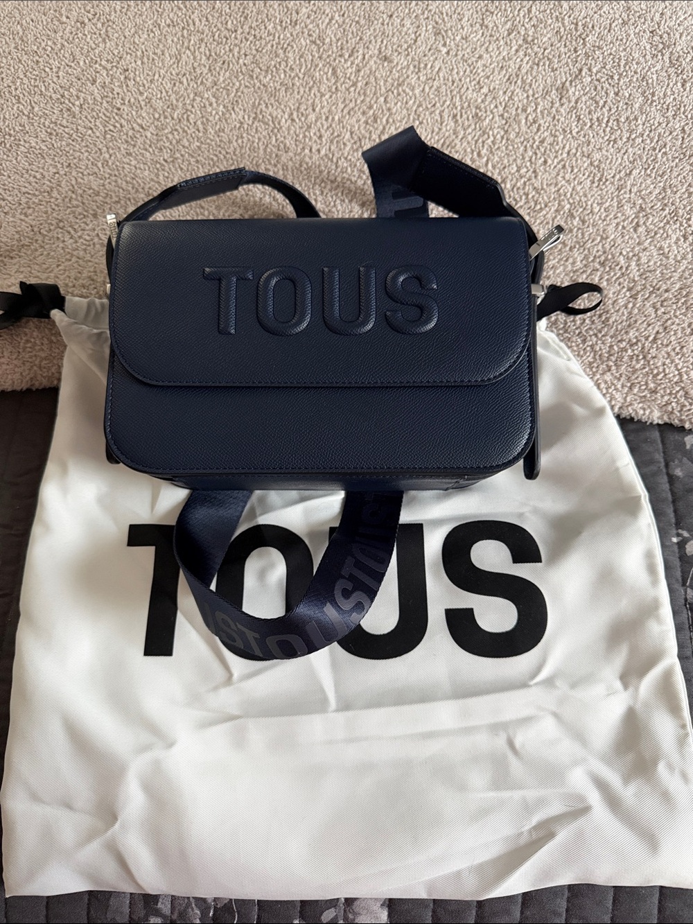 TOUS Navy Embossed Logo Crossbody Bag